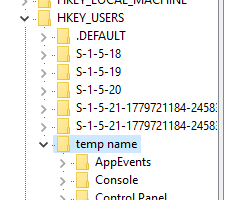 Regedit: Shows hive loaded as "temp name"